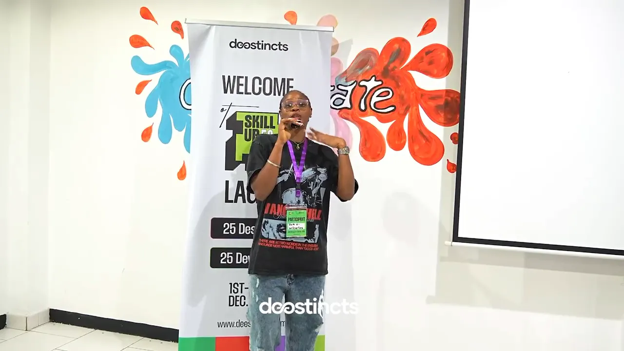 A participant speaking in front of the SkillUp50 Lagos welcome banner